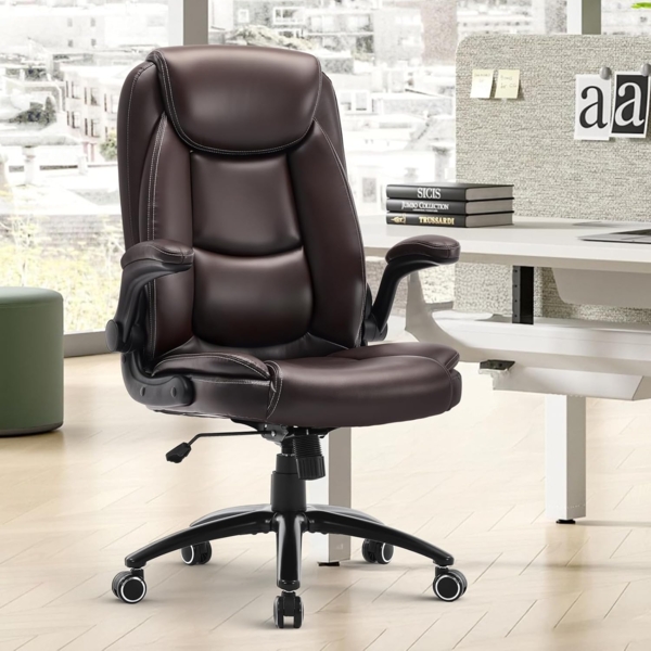 COLAMY Bürostuhl Ergonomisch, Ergonomischer Büro 360° Drehstuhl für Office, Chefsessel Stuhl mit Hochklappbaren Armlehnen, Verstellbarer Rückenlehne, Höhe & Kippspannung, 136KG Kapazität, Braun Bild 2