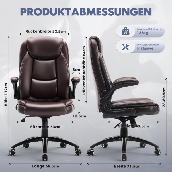 COLAMY Bürostuhl Ergonomisch, Ergonomischer Büro 360° Drehstuhl für Office, Chefsessel Stuhl mit Hochklappbaren Armlehnen, Verstellbarer Rückenlehne, Höhe & Kippspannung, 136KG Kapazität, Braun Bild 3