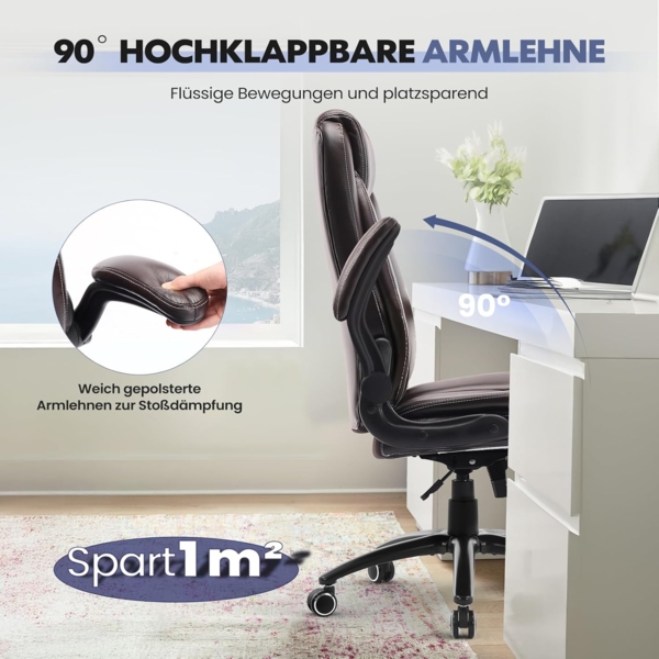 COLAMY Bürostuhl Ergonomisch, Ergonomischer Büro 360° Drehstuhl für Office, Chefsessel Stuhl mit Hochklappbaren Armlehnen, Verstellbarer Rückenlehne, Höhe & Kippspannung, 136KG Kapazität, Braun Bild 4