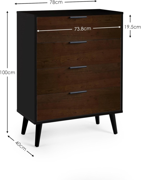 Julian Bowen Alba Kommode mit 4 Schubladen, Softclose, Walnuss und Schwarz, 100,5 x 78 x 40 Bild 3