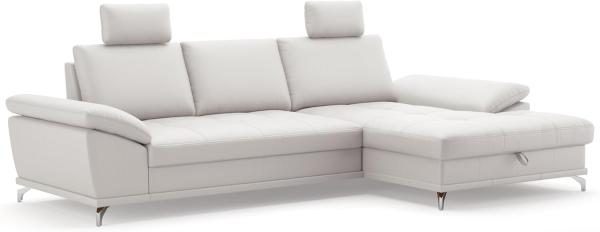 Cavadore Ecksofa Castiel mit Federkern / Eckcouch mit XL-Longchair, Bett, Bettkasten, Sitztiefenverstellung, Kopfstützen und mattschwarzen Metallfüßen / 301x89-114x176 / Echtleder, Weiß
