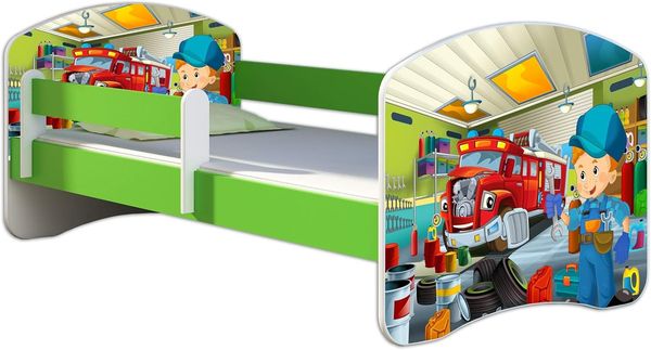 ACMA Kinderbett Jugendbett mit Einer Schublade und Matratze Grün mit Rausfallschutz Lattenrost II 140x70 160x80 180x80 (45 Mechaniker, 180x80)