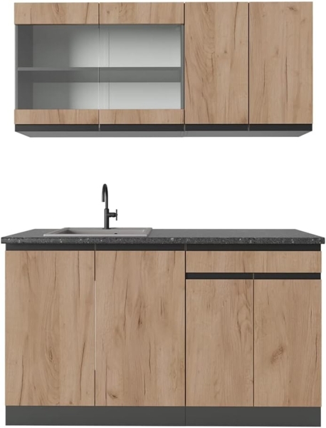 Singleküche R-Line Goldkraft Eiche/Anthrazit 140 cm J-Shape Vicco