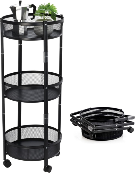 Spetebo Küchenwagen Metall Rollwagen schwarz rund mit 3 Ablagen - 88 x 37 cm, zusammenklappbar