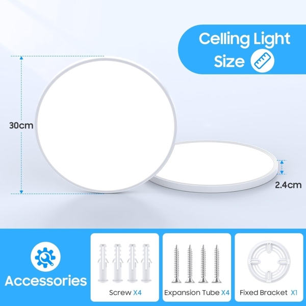 Deckenlampe LED Deckenleuchte Flach Rund - Ø30CM 24W 2400LM Modern 6500K Kaltweiß Led Lampe Decke IP44 Deckenbeleuchtung für Badezimmer Schlafzimmer Wohnzimmer Küche Bad Keller Flur Balkon Ultra Dünn Bild 4