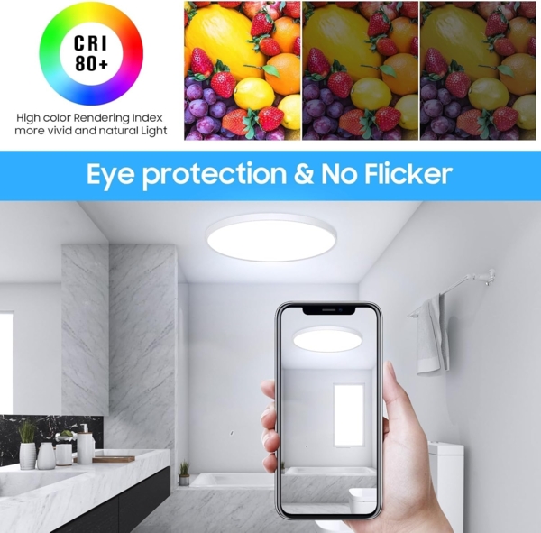 Deckenlampe LED Deckenleuchte Flach Rund - Ø30CM 24W 2400LM Modern 6500K Kaltweiß Led Lampe Decke IP44 Deckenbeleuchtung für Badezimmer Schlafzimmer Wohnzimmer Küche Bad Keller Flur Balkon Ultra Dünn Bild 3