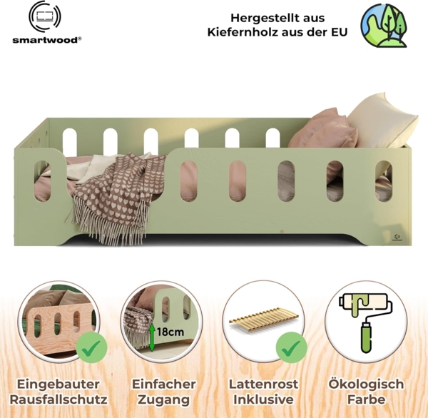 smartwood Kinderbett Bodenbett 70x140 mit Rausfallschutz & Lattenrost - Grün - Kinder Montessori Bett TILA 2L mit glatten Kanten - Betten für schnelle Montage - Bis 230 kg belastbar Bild 3