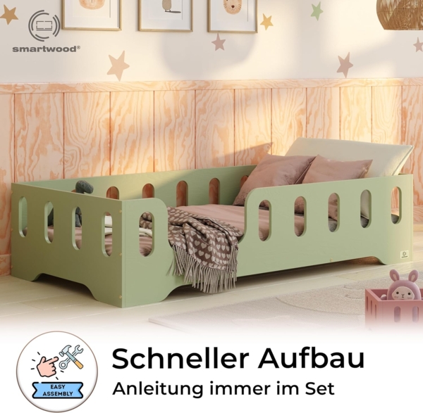 smartwood Kinderbett Bodenbett 70x140 mit Rausfallschutz & Lattenrost - Grün - Kinder Montessori Bett TILA 2L mit glatten Kanten - Betten für schnelle Montage - Bis 230 kg belastbar Bild 4