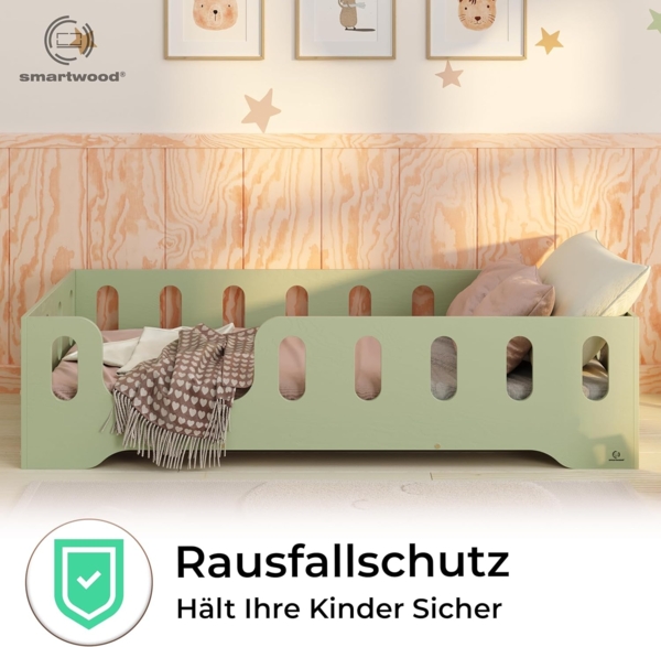 smartwood Kinderbett Bodenbett 70x140 mit Rausfallschutz & Lattenrost - Grün - Kinder Montessori Bett TILA 2L mit glatten Kanten - Betten für schnelle Montage - Bis 230 kg belastbar Bild 6