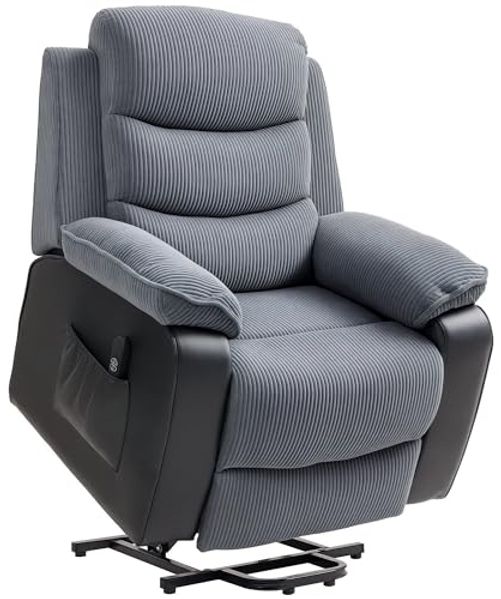 HOMCOM Relaxsessel mit Aufstehhilfe, Liegefunktion, Taschenfederkern (Kord, 1-St, TV-Sessel), mit Fußstütze, Seitentasche und Fernbedienung, Dunkelgrau