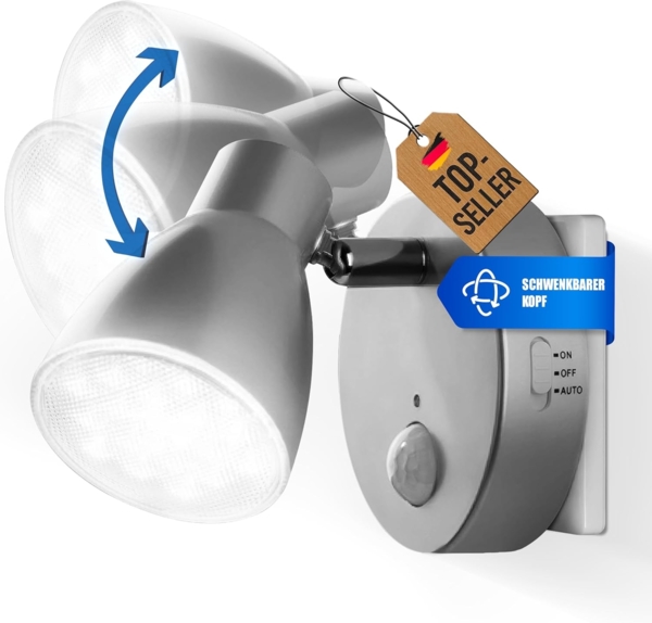 TRANGO LED Nachtlicht, Bewegungsmelder, 2635-014 LED Sensor Steckdosenlampe *MILO* mit Automatikfunktion in Silber Sicherheitslicht 230V, Wandlampe, Orientierungslicht, Nachtlampe, Steckdosenlicht