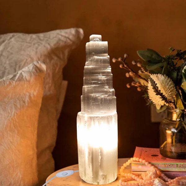 Landster Nachttischlampe Selenite Lampe Turm lampe tischleuchte Kristall Lampe Tischlampe