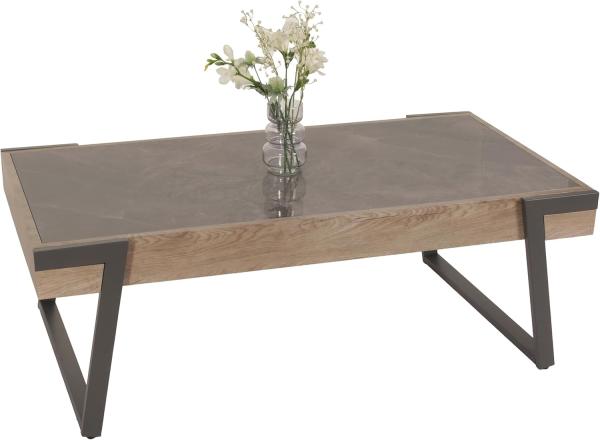 Couchtisch HWC-L89, Sofatisch Wohnzimmertisch, Eisen 43x120x64cm Sinterstein Marmor-Optik grau Holz grau-braun