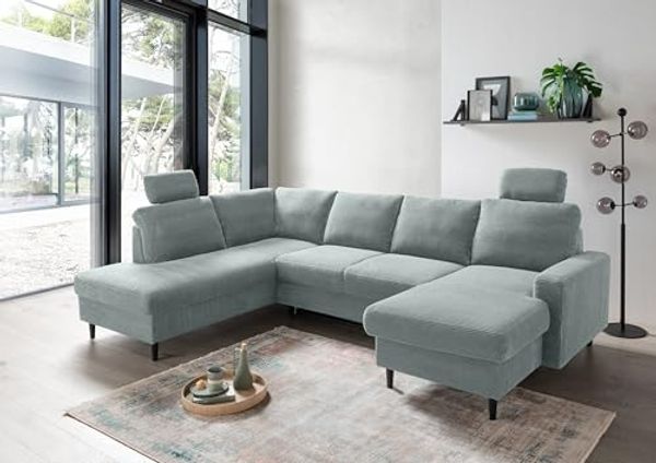 Wohnlandschaft >Pris< U-Form, Funktionen, cord aqua - 153x305x75x200 (LxBxHxT)
