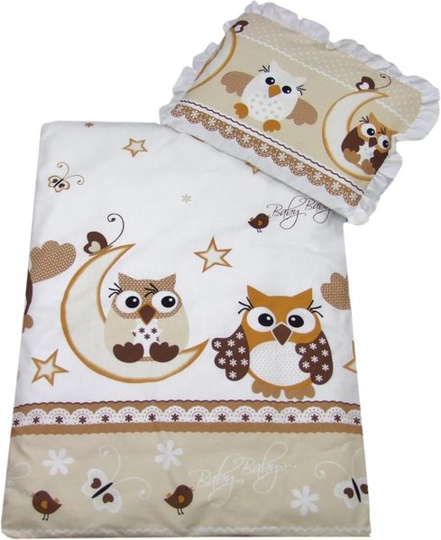 Rawstyle 4 tlg. Set Bezug für Kinderwagen *EULEN-MOTIV* Garnitur Bettwäsche Decke + Kissen + Füllung (Eulen Beige/Braun)