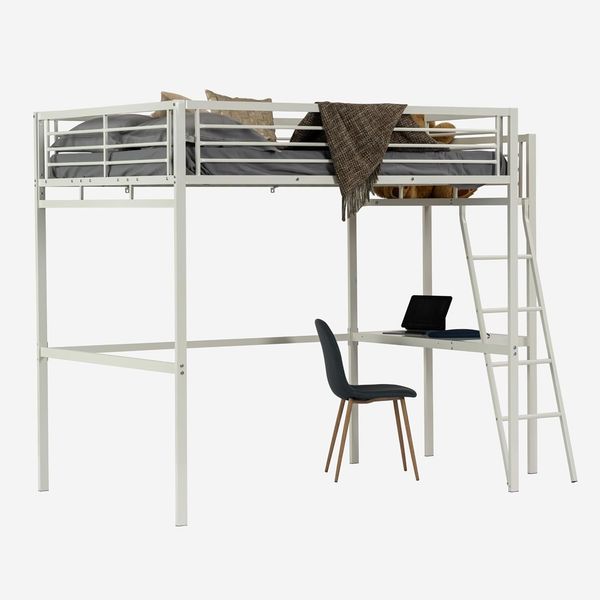 MEUBLE COSY Hochbett 140x190 cm Bettrahmen Etagenbett mit Lattenroste und Schreibtisch aus Glas und Metall, Industriell, für Erwachsene und Kinder, Weiß