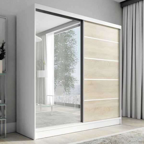 A&J MöbelLand GmbH Schiebetürenschrank KARO 1 2-türiger Kleiderschrank mit Spiegel und Kleiderstangen (TOP ANGEBOT! Geräumiger Schrank mit einer Breite von 200 cm und Spiegel, ideal zur Aufbewahrung von Kleidung und Accessoires. Viel Stauraum, TOP PROD...