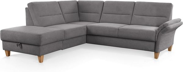 CAVADORE Schlafsofa Wyk mit Federkern / Ecksofa im Landhaus-Stil mit Ottomane, Bett, Stauraum + Armteilfunktion / 238 x 90 x 213 / Jacquard, Grau
