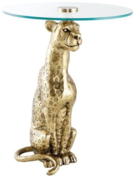 riess-ambiente Beistelltisch WILDLIFE PANTHER 60cm gold / transparent · Wohnzimmertisch aus Metall (Einzelartikel, 1-St), Glas-Platte · rund · handmade · Skulptur · Urban Jungle Design