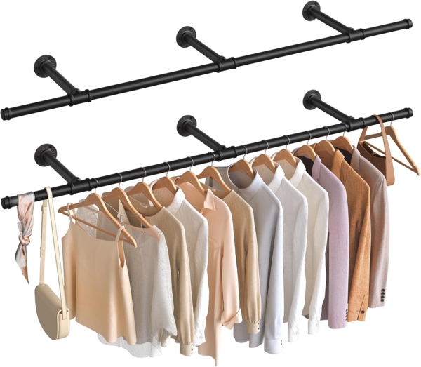 SONGMICS Kleiderstange für die Wand, 2er Set, Kleiderständer Wandmontage, Industrie-Design, platzsparend, 30 x 170 x 7 cm, 68 kg Belastbarkeit, einfache Montage, schwarz HSRDE104B02