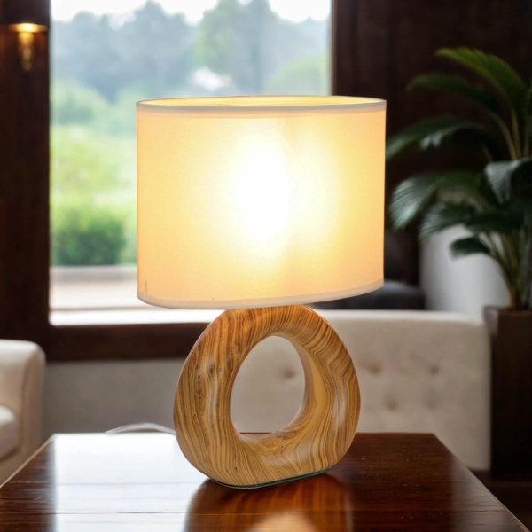 Licht-Erlebnisse Nachttischlampe ANDRE, ohne Leuchtmittel, Braun Beige Stoffschirm Keramik Fuß in Holzoptik 28 cm klein E14