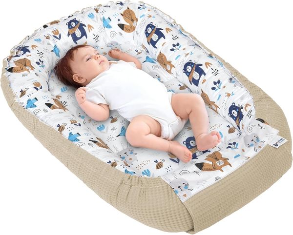 Medi Partners Babynest Kuschelnest Babynestchen 100% Baumwolle Waffle Nestchen Reisebett für Babys Säuglinge 100 x 60 x 15 cm Sicherer Verschluss (Boho mit Braun Waffle)