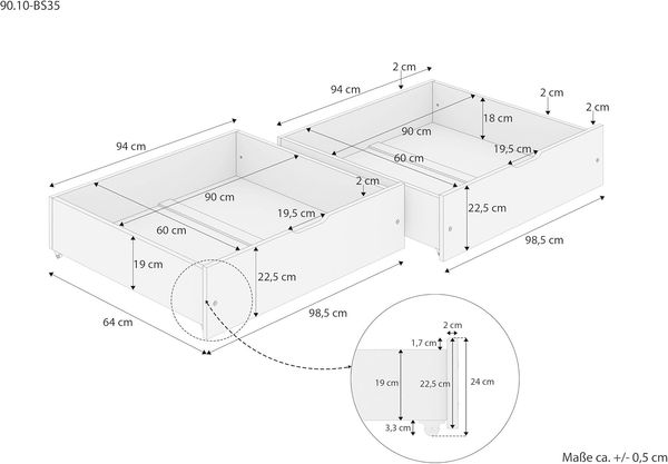 Zweiteiliger weißer Bettkasten Massivholz Buche 90.10-BS35W Bild 9