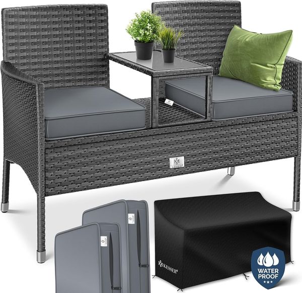 KESSER® Polyrattan Gartenbank 2-Sitzer Bank mit integriertem inkl. Tisch & Kissen - 133 × 63 × 84 cm - Rattan Sitzbank Garten Balkon Gartensofa wetterfest Sitzgruppe Ultra Stabile, Anthrazit