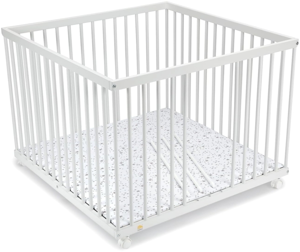 FabiMax 4736 Laufgitter 100x100, Weiß, Buche massiv, höhenverstellbar, Schlupfsprossen, Parkettrollen