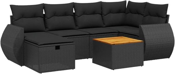 vidaXL 7-tlg. Garten-Sofagarnitur mit Kissen Schwarz Poly Rattan 3265059