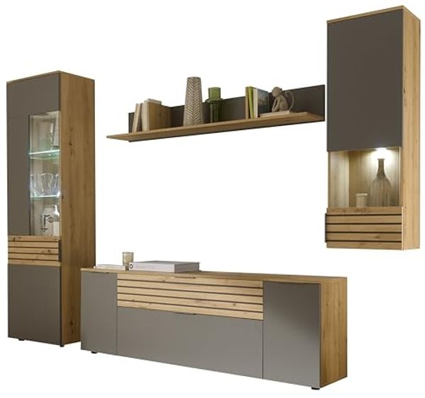 Anbauwand BZ5110 Wohnwand Artisan Eiche Nb. / Grau Akustiklamellen ca. 280 x 199 x 37 cm
