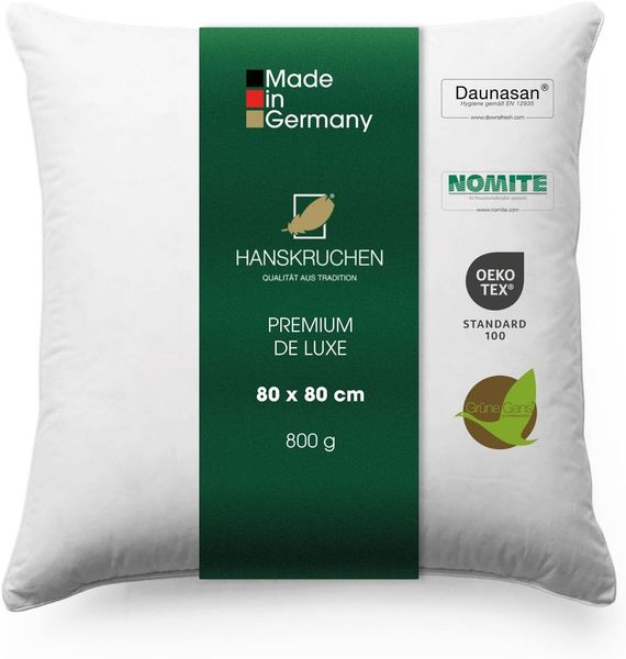 HANSKRUCHEN Daunenkissen Premium de Luxe, Füllung: 90% Daunen, 10% Federn, Bezug: 100% Baumwolle, 80x80 cm - 1,240 kg