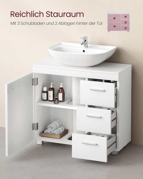 VASAGLE Waschbeckenunterschrank, Badezimmerschrankmit 3 große Schubladen, 2 Fächer, auch für Waschbecken mit Beckensäule, Badezimmer-Unterschrank mit Füßen, 30 x 70 x 64 cm, wolkenweiß BBK504W01 Bild 5