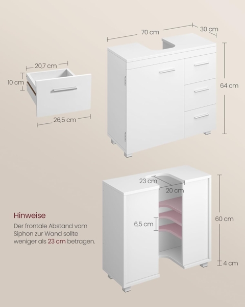 VASAGLE Waschbeckenunterschrank, Badezimmerschrankmit 3 große Schubladen, 2 Fächer, auch für Waschbecken mit Beckensäule, Badezimmer-Unterschrank mit Füßen, 30 x 70 x 64 cm, wolkenweiß BBK504W01 Bild 6