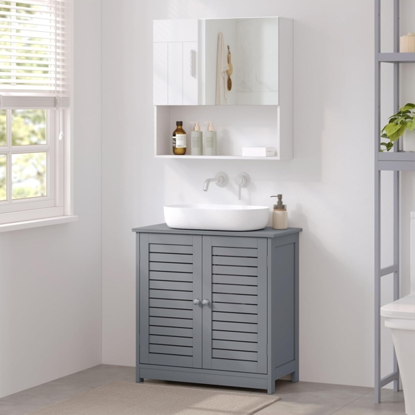 EUGAD Waschbeckenunterschrank, Badezimmer Unterschrank Waschbecken, stehender Badschrank 60 x 60 x 30 cm, mit 2 Lamellentüren, Verstellbarer Ablage, Grau Bild 2