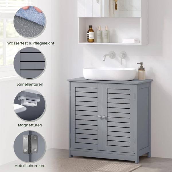 EUGAD Waschbeckenunterschrank, Badezimmer Unterschrank Waschbecken, stehender Badschrank 60 x 60 x 30 cm, mit 2 Lamellentüren, Verstellbarer Ablage, Grau Bild 7