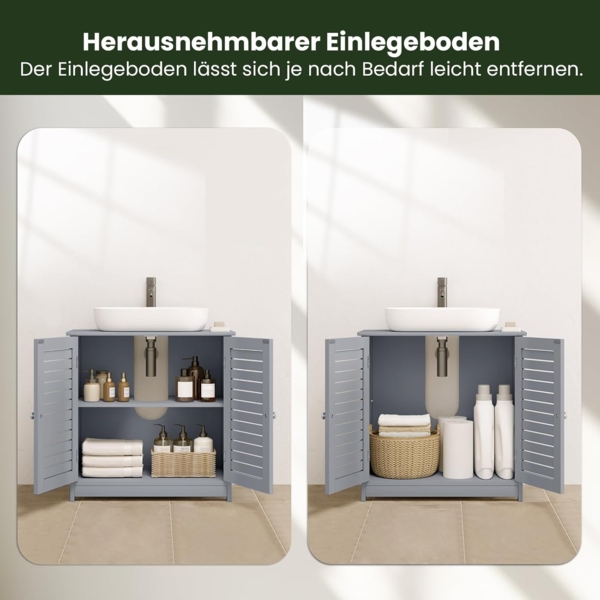 EUGAD Waschbeckenunterschrank, Badezimmer Unterschrank Waschbecken, stehender Badschrank 60 x 60 x 30 cm, mit 2 Lamellentüren, Verstellbarer Ablage, Grau Bild 4