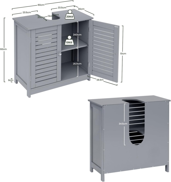 EUGAD Waschbeckenunterschrank, Badezimmer Unterschrank Waschbecken, stehender Badschrank 60 x 60 x 30 cm, mit 2 Lamellentüren, Verstellbarer Ablage, Grau Bild 3