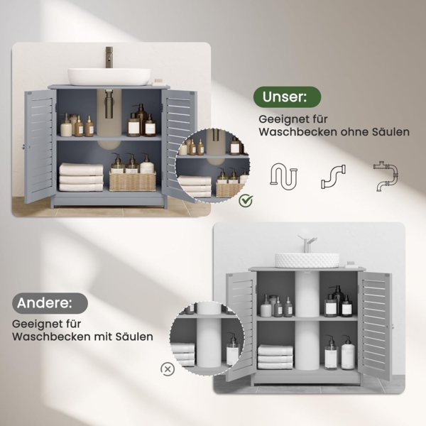 EUGAD Waschbeckenunterschrank, Badezimmer Unterschrank Waschbecken, stehender Badschrank 60 x 60 x 30 cm, mit 2 Lamellentüren, Verstellbarer Ablage, Grau Bild 6