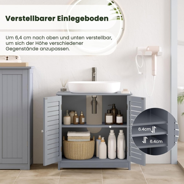 EUGAD Waschbeckenunterschrank, Badezimmer Unterschrank Waschbecken, stehender Badschrank 60 x 60 x 30 cm, mit 2 Lamellentüren, Verstellbarer Ablage, Grau Bild 5
