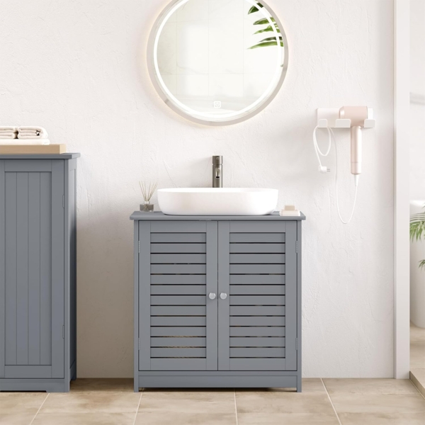EUGAD Waschbeckenunterschrank, Badezimmer Unterschrank Waschbecken, stehender Badschrank 60 x 60 x 30 cm, mit 2 Lamellentüren, Verstellbarer Ablage, Grau Bild 8