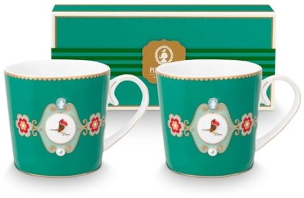 PiP Studio Becher Love Birds Medallion Emerald Henkelbecher Small 0,15l Set2, Porzellan