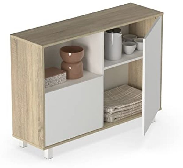 Muebles Pitarch | Sideboard für Wohn- und Esszimmer, Buffet, Möbelstück, 2 Türen und 1 Fach, mit Beinen, Weiß und Eiche Cambrian, 82,5 x 112 x 33 cm, Moderner Eingangsbereich, Tibet Kollektion Bild 6