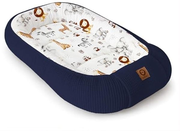 Babynestchen Neugeborene – Nestchen Baby aus Waffel Baumwolle & Baumwollstoff – Babynest für Babybett & Kinderbett – Baby Kokon Tragbar – OEKO-TEX zertifiziert – Zubehör für Babybett - ZOO und Marine