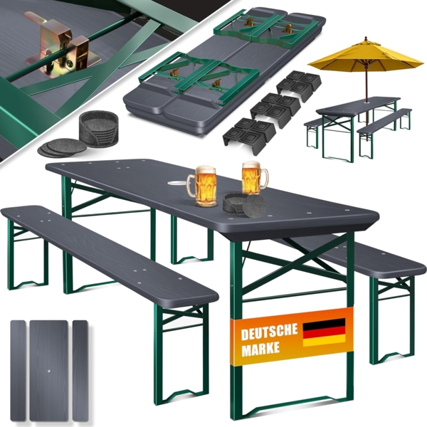 KESSER® Bierzeltgarnitur 3 teilig Gartenmöbel-Set | Klappbar 170 x 46 x 75cm | 2X Bierbänke 1x Biertisch | Festzeltgarnitur Biertisch Stehtisch Sitzgarnitur Holz 12-teiliges Bodenschoner-Set Anthrazit, 170cm x 46cm