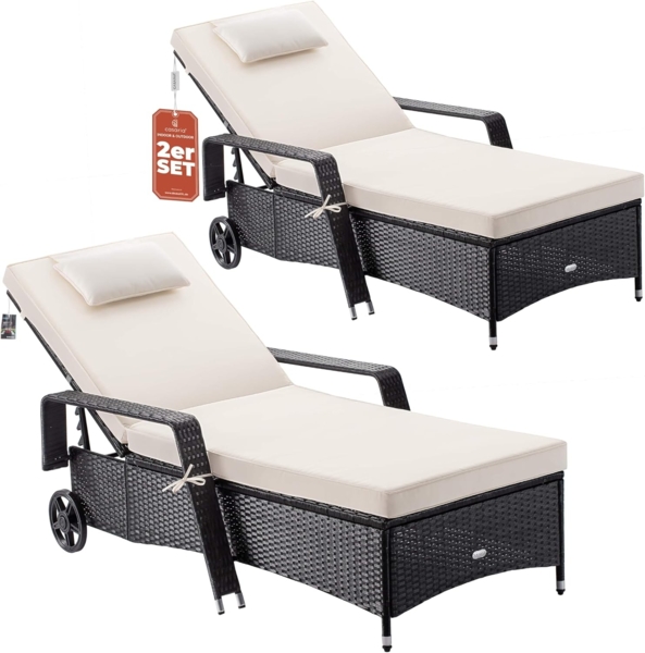 Casaria Gartenliege, 2x Sonnenliege 165kg Belastbar inkl. 7cm Auflage Rollen Polyrattan