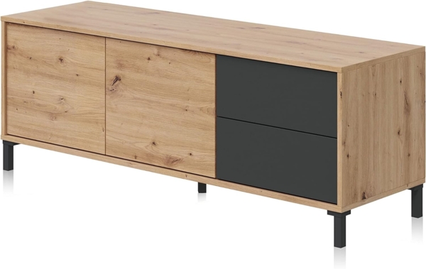 Habitdesign TV-Modul mit 2 Türen und 2 Schubladen, TV-Schrank, Modell Brooklyn, Finish in Nodi-Eiche und Anthrazit, Maße: 130 cm (Breite) x 47 cm (Höhe) x 41 cm (Tiefe)