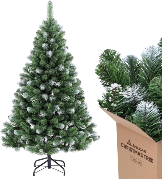 SALCAR Künstlicher Weihnachtsbaum 150 cm – Mini Schneebedeckter Tannenbaum mit runden Zweigspitzen und 389 dichten PVC-Zweigen in Tannengrün, mit Metallständer – Ideal für Weihnachtsdeko Zuhause