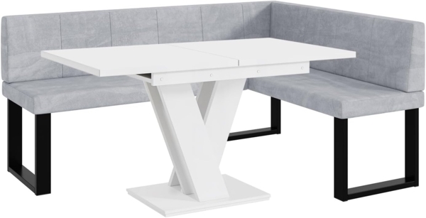 MEBLINI Eckbank für Esszimmer mit ausziehbarem Tisch - Küchenbank - Essecke - Sitzecke Küche - PETER - U-Beine 128x168x87cm Rechts - Hellgrau Samt/M Weiß Matt