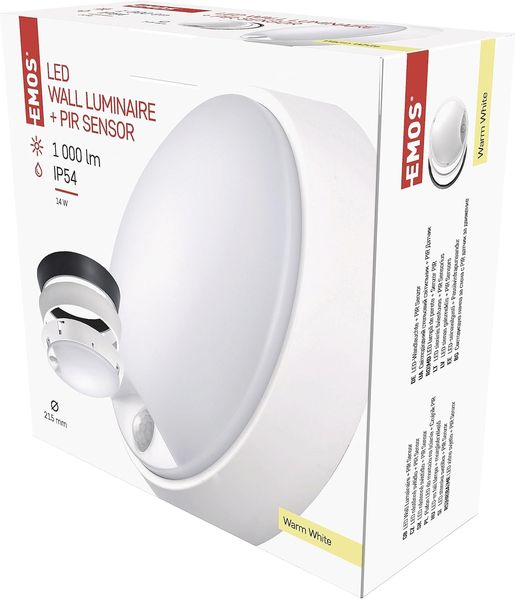 EMOS LED-Wandleuchte und Deckenleuchte mit Bewegungsmelder, rund, IP54 wasserdichte 14 W Außenleuchte für Balkon, Keller, Garage, Outdoor 1000 lm, warmweiß 3000K, 21,5cm ZM3131